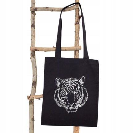Torba bawełniana czarna zakupowa z haftem - tygrys