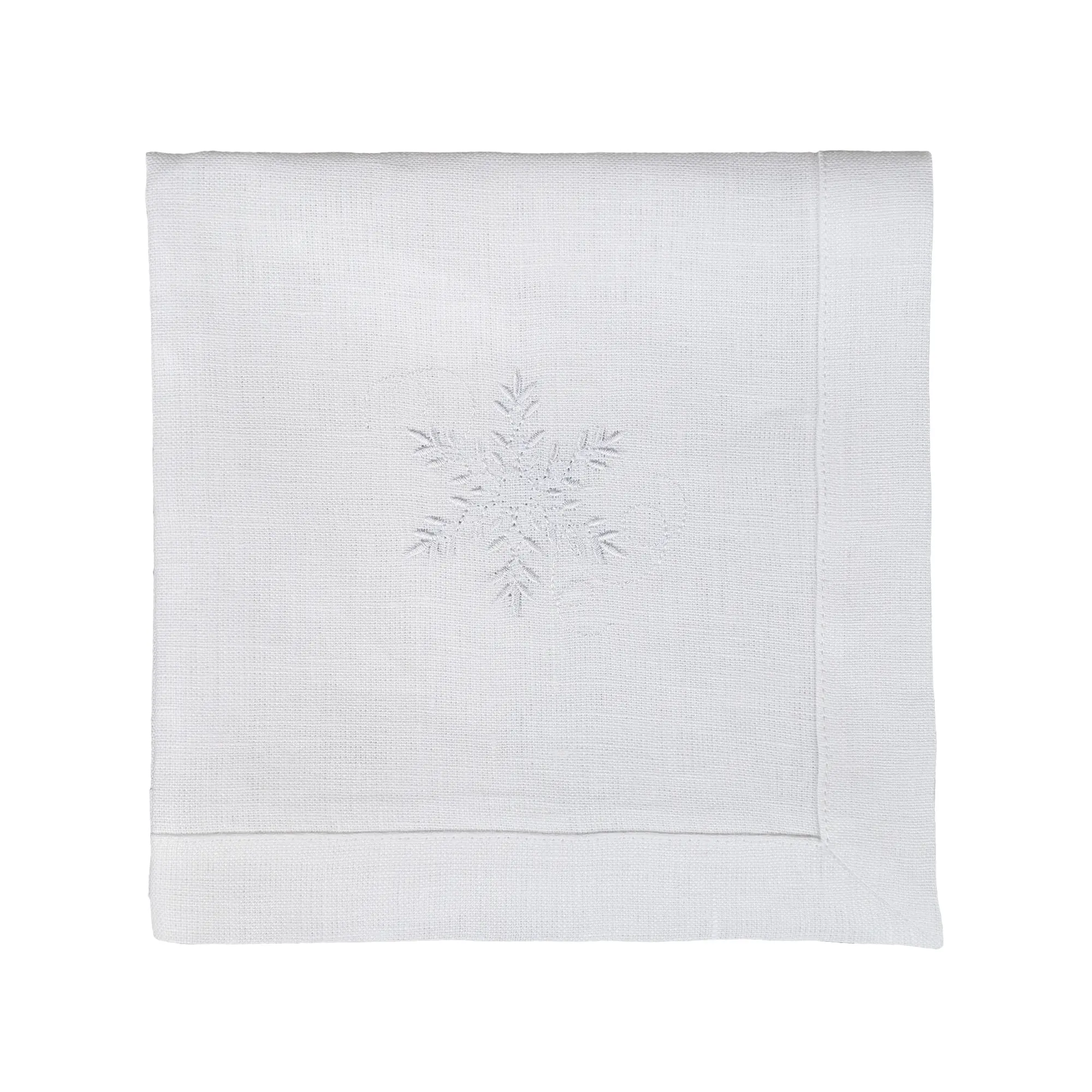 Lniana serweta - śnieżnobiała z haftem śnieżynka