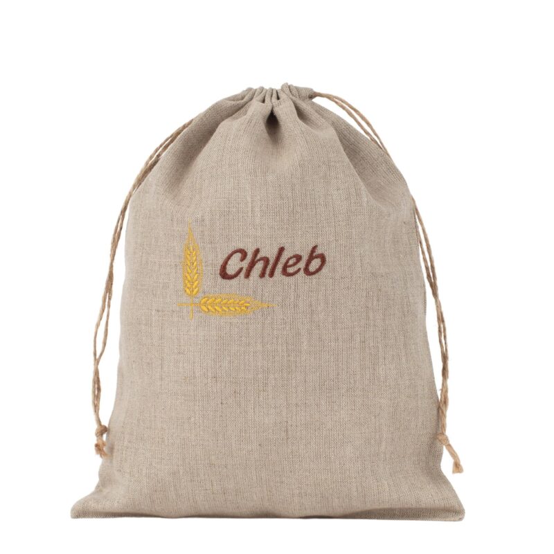 Lniane worki na pieczywo z haftem zestaw - chleb + bułki - 26x36cm