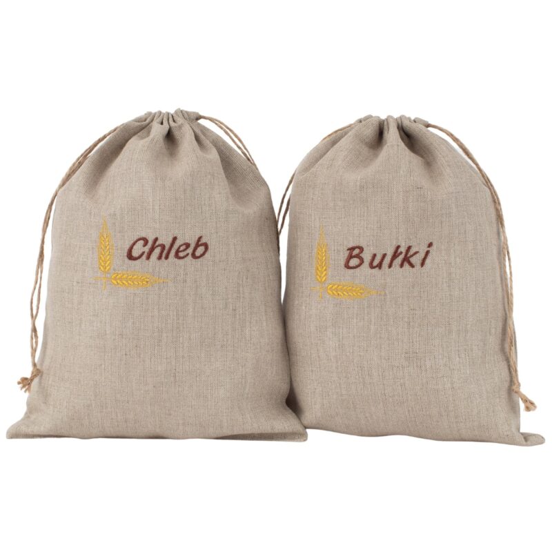 Lniane worki na pieczywo z haftem zestaw - chleb + bułki - 26x36cm