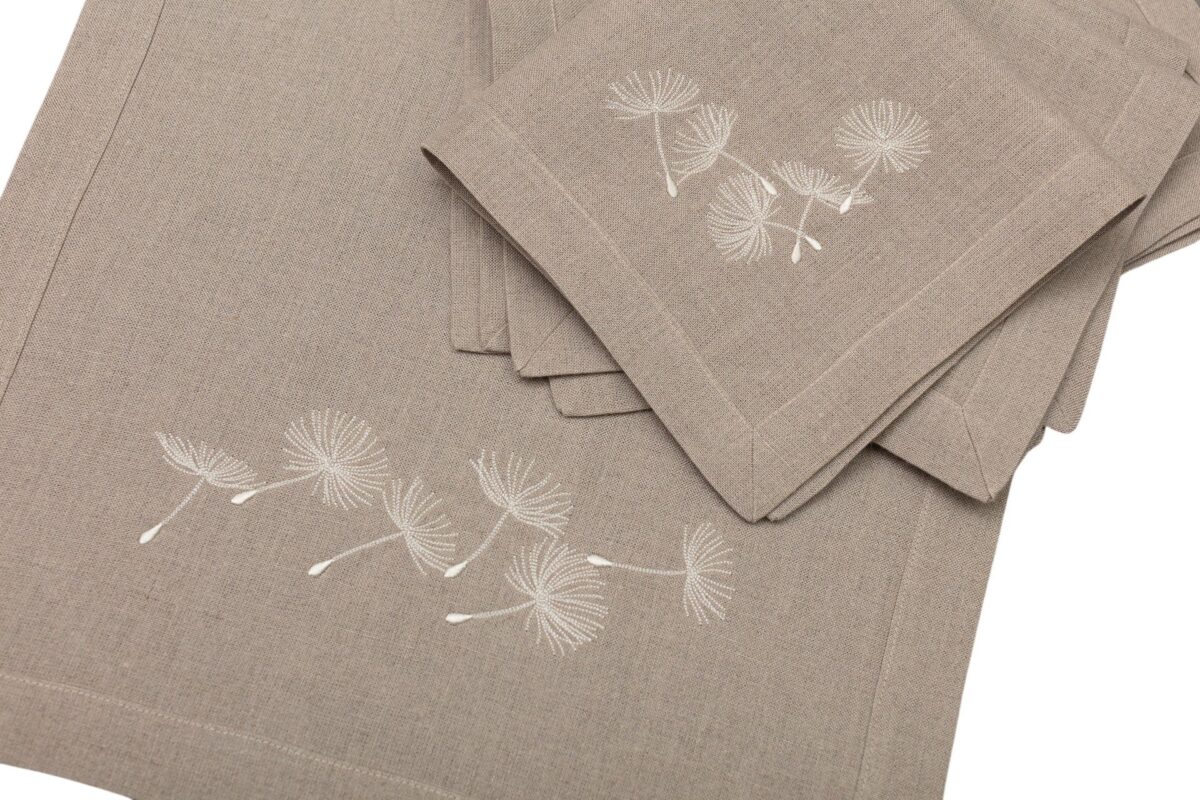 Bieżnik lniany + 4 serwetki z haftem - dmuchawce