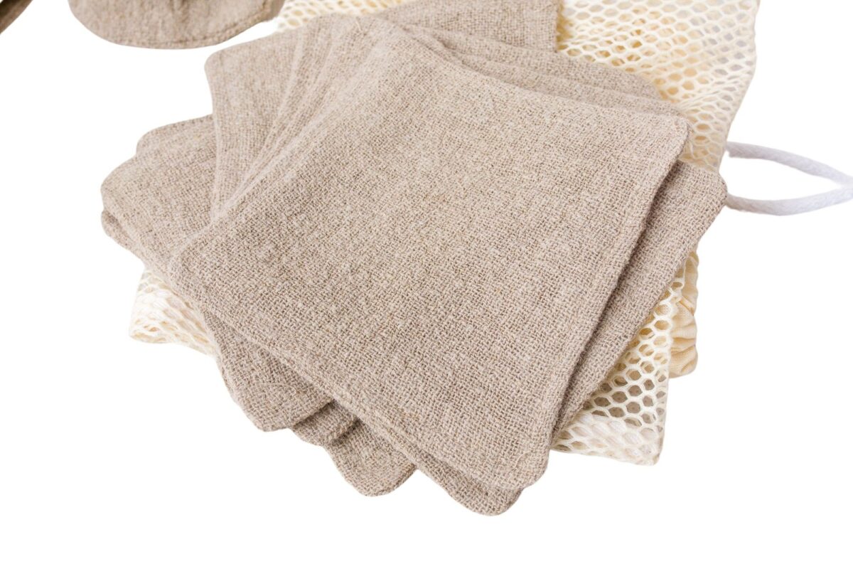 Lniane wielorazowe płatki kosmetyczne – 7 sztuk + woreczek