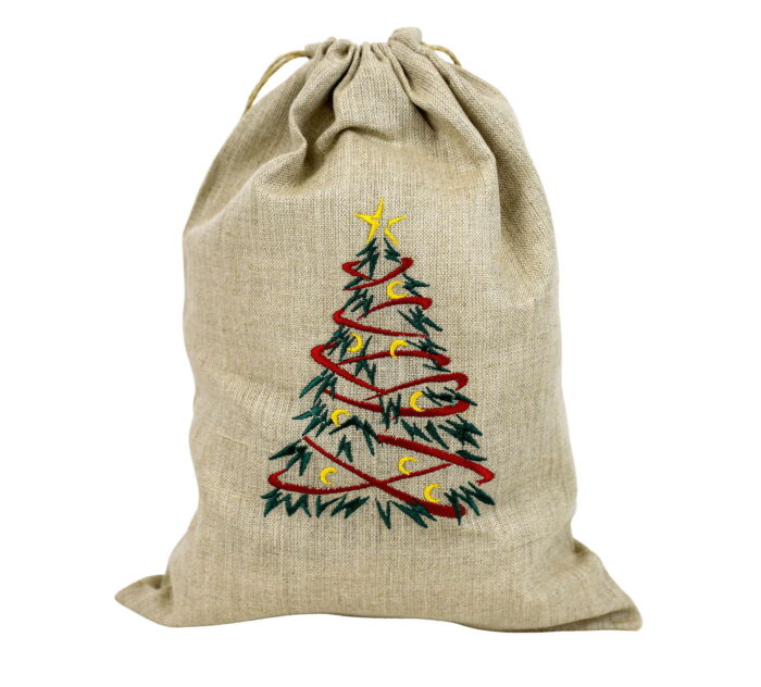 Naturalny lniany worek świąteczny na prezent - choinka