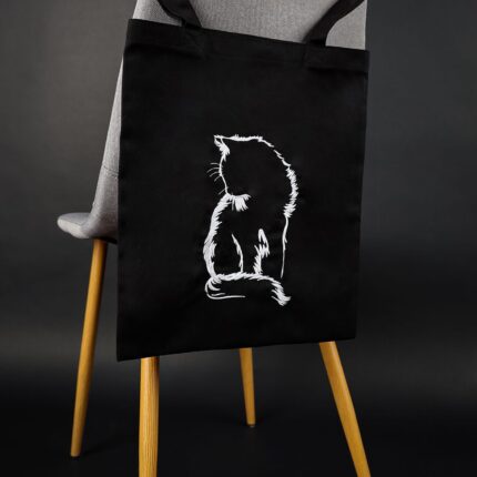 Torba bawełniana czarna zakupowa z haftem - kot