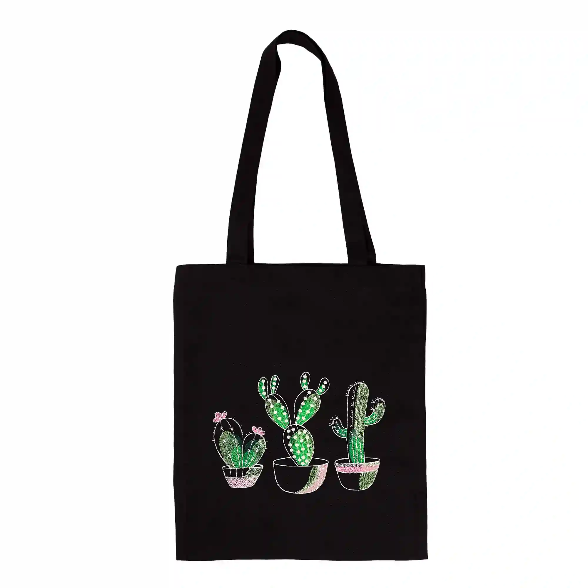 Torba bawełniana czarna zakupowa z haftem - kaktusy