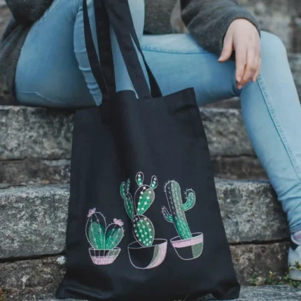 Torba bawełniana czarna zakupowa z haftem - kaktusy