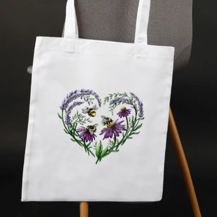 Bawełniana torba zakupowa z haftem - lawendowe serce