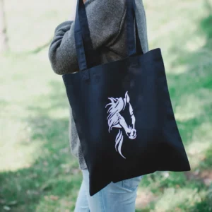 Torba bawełniana czarna zakupowa z haftem - koń