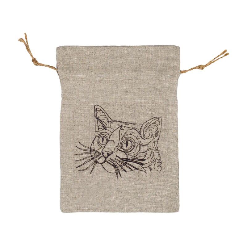 Lniany woreczek dekoracyjny – z haftem – kot 15×20 cm