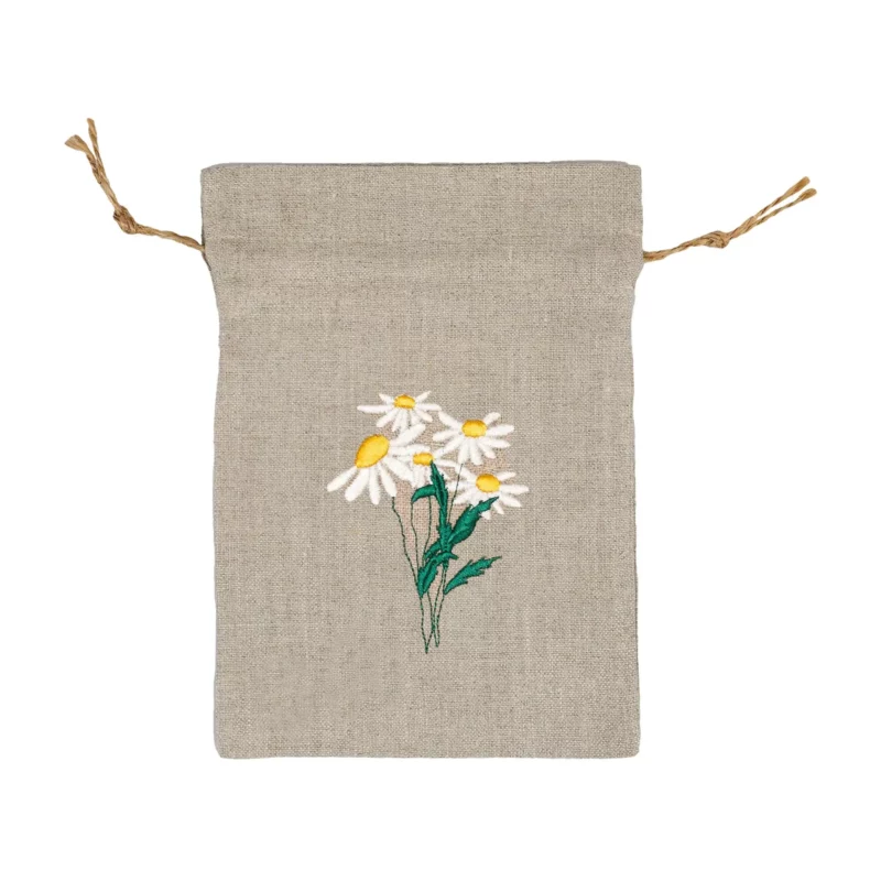 Lniany woreczek dekoracyjny – z haftem – margaretka 15×20 cm