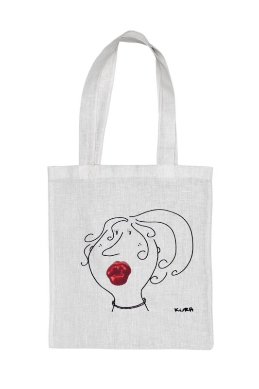 KURAże NA LNIE – torba lniana z kieszonką – paprykowe usta