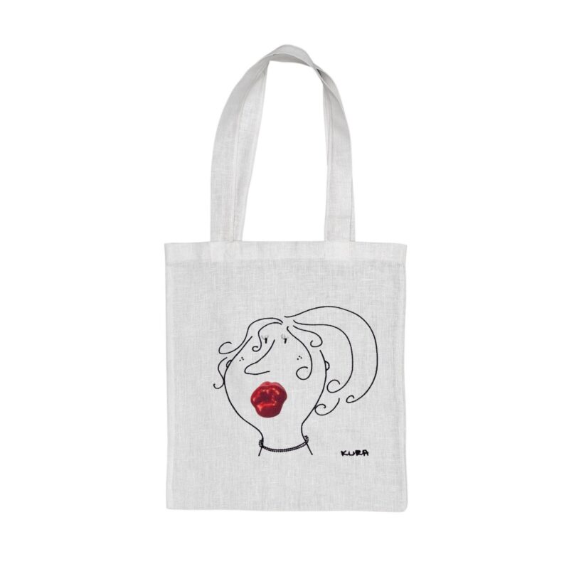 KURAże NA LNIE – torba lniana z kieszonką – paprykowe usta