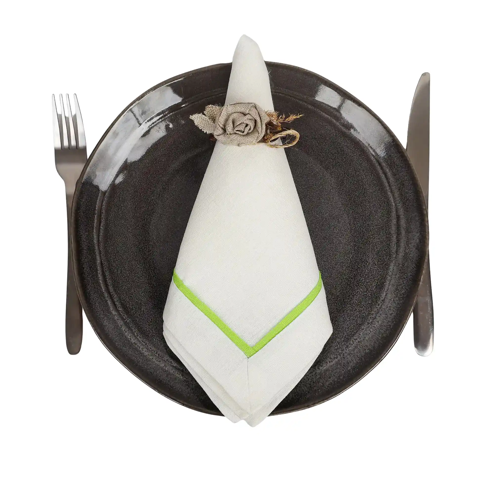 Serweta lniana biała z zieloną wpustką