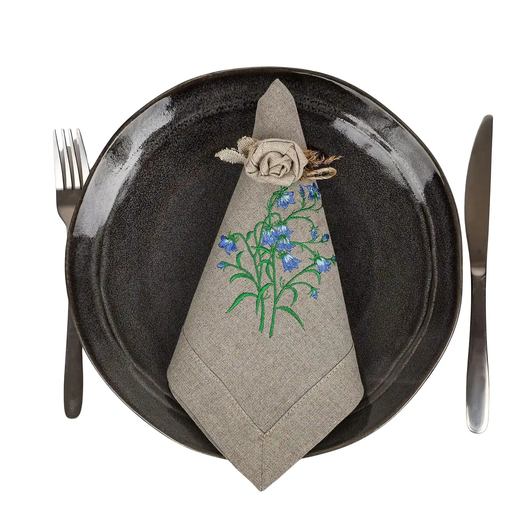 Lniana serweta naturalna z haftem dzwonki