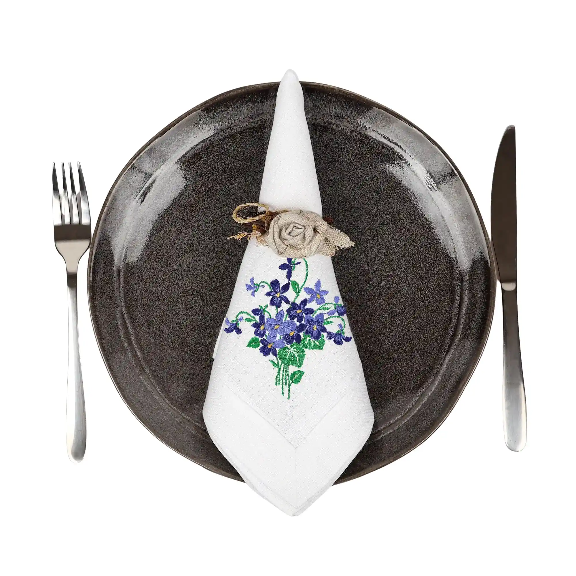 Serweta lniana biała z haftem fiołki