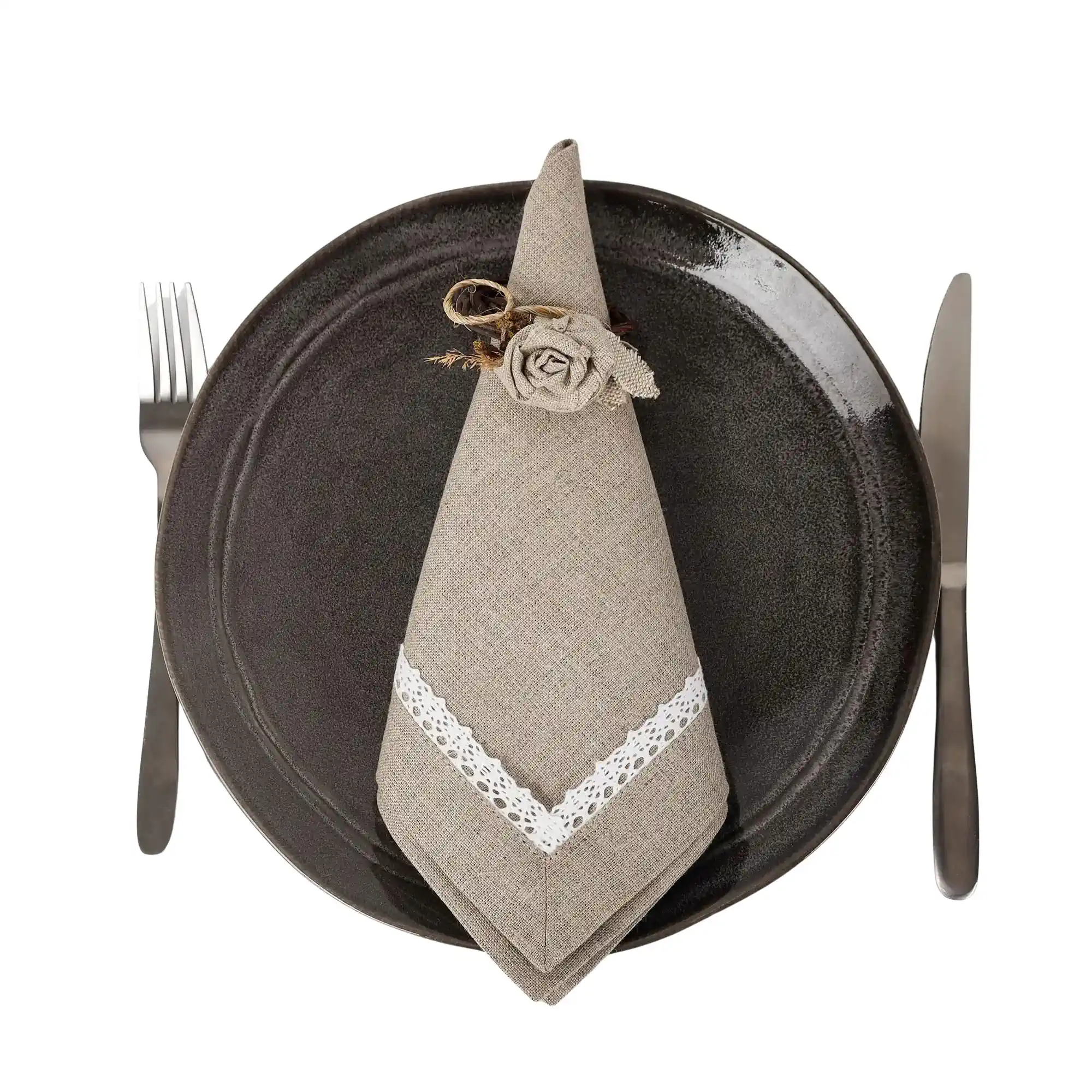 Serweta lniana naturalna z koronką