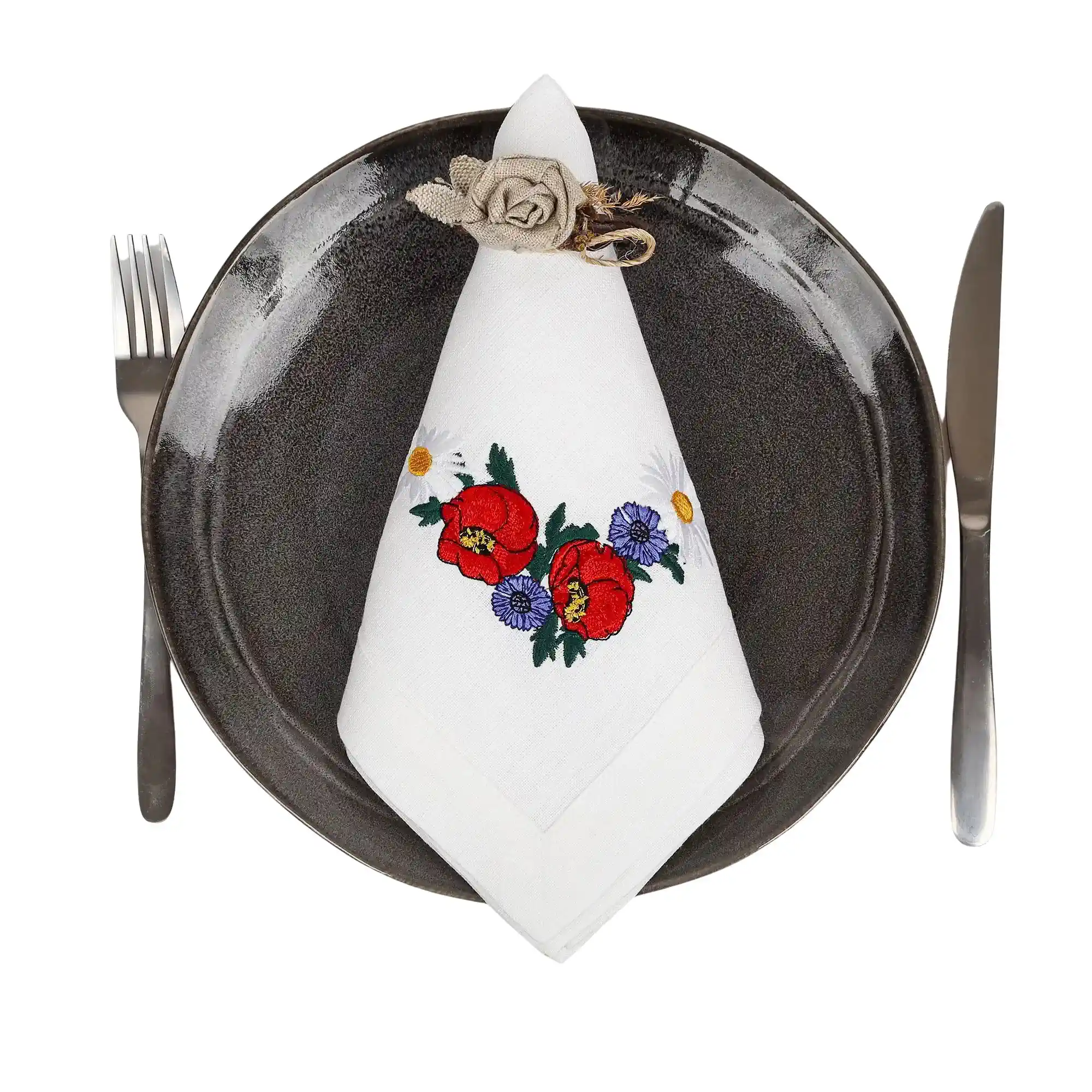 Serwetka lniana biała z haftem maki