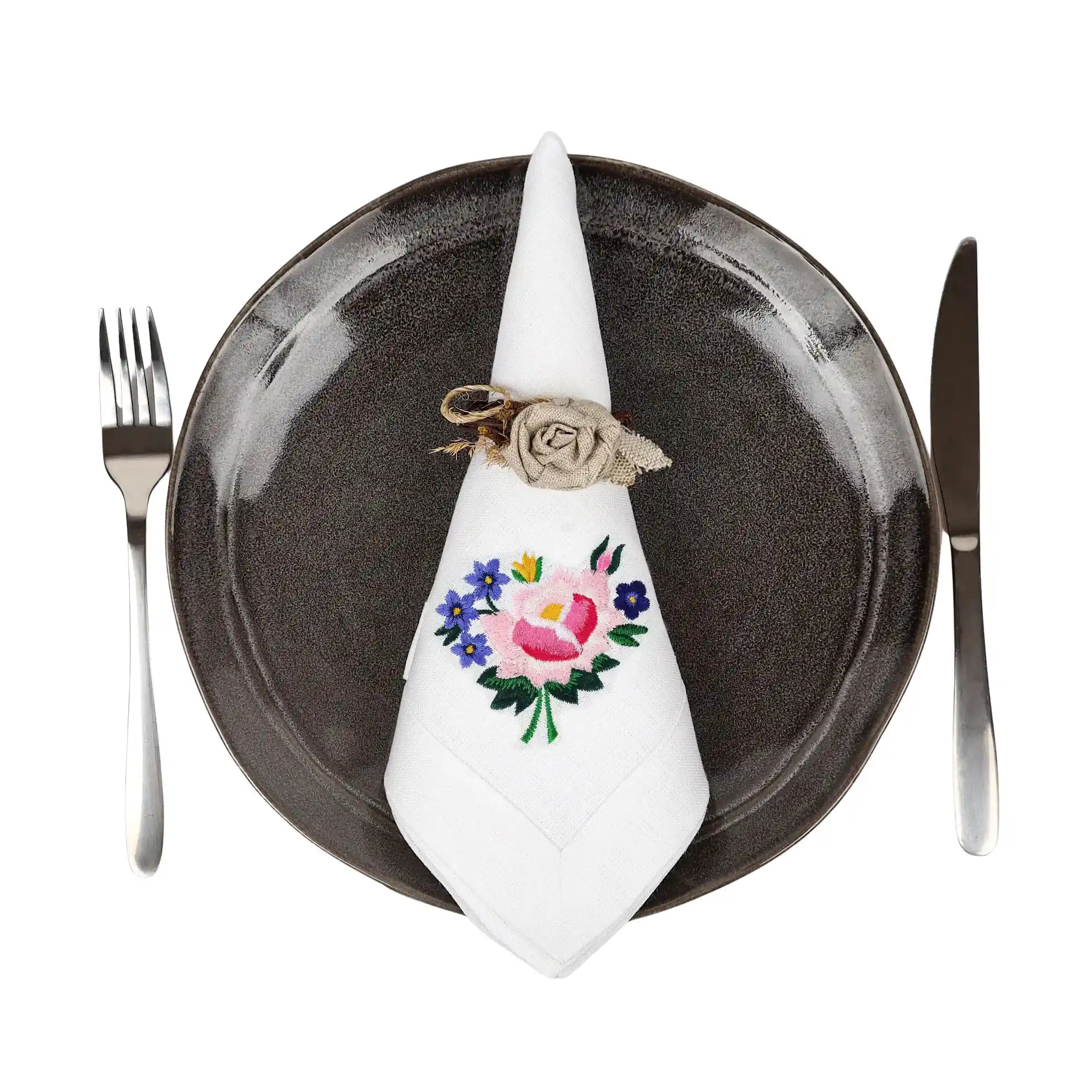 Serwetka lniana biała z haftem róży